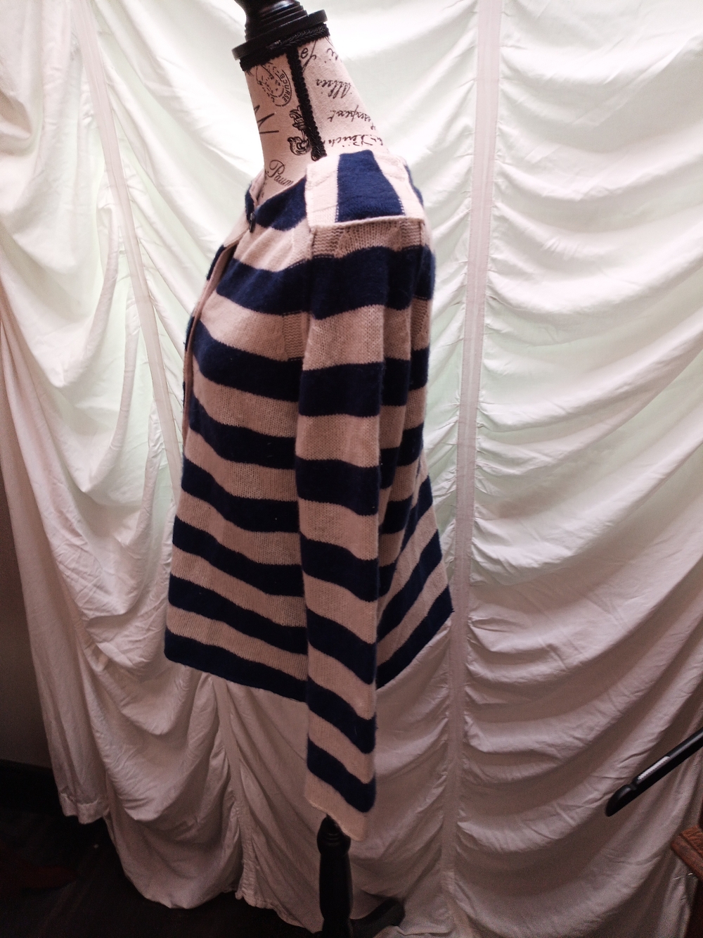 360 Cashmere Navy and Cream Striped Button-Front Cashmere Cardigan - Picture 3 of 8